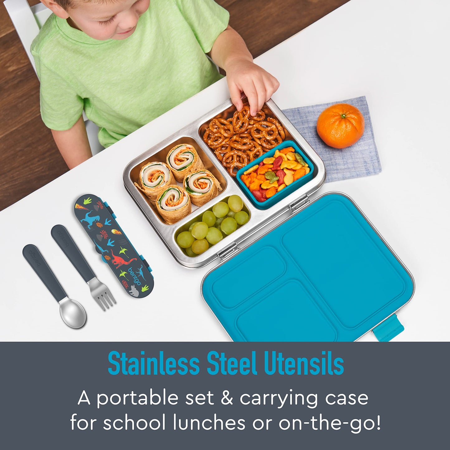 Bentgo Kids Stainless Steel Utensil Set - Reusable Fork, Spoon & Storage Case, PFAS- & BPA-Free, Easy-Grip Handles, Lightweight, Dishwasher Safe, School Lunch, Travel & Outdoors (Dinosaur)