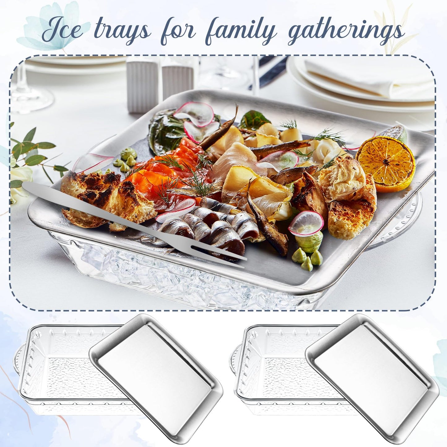 Baderke 4 Set 9" Chilled Serving Tray for Parties with Compartments Ice Chilled Party Platter Charcuterie Serving Board Cold Dish Dip with Forks Tongs for Fruit Seafood Vegetable Appetizer(Silver)