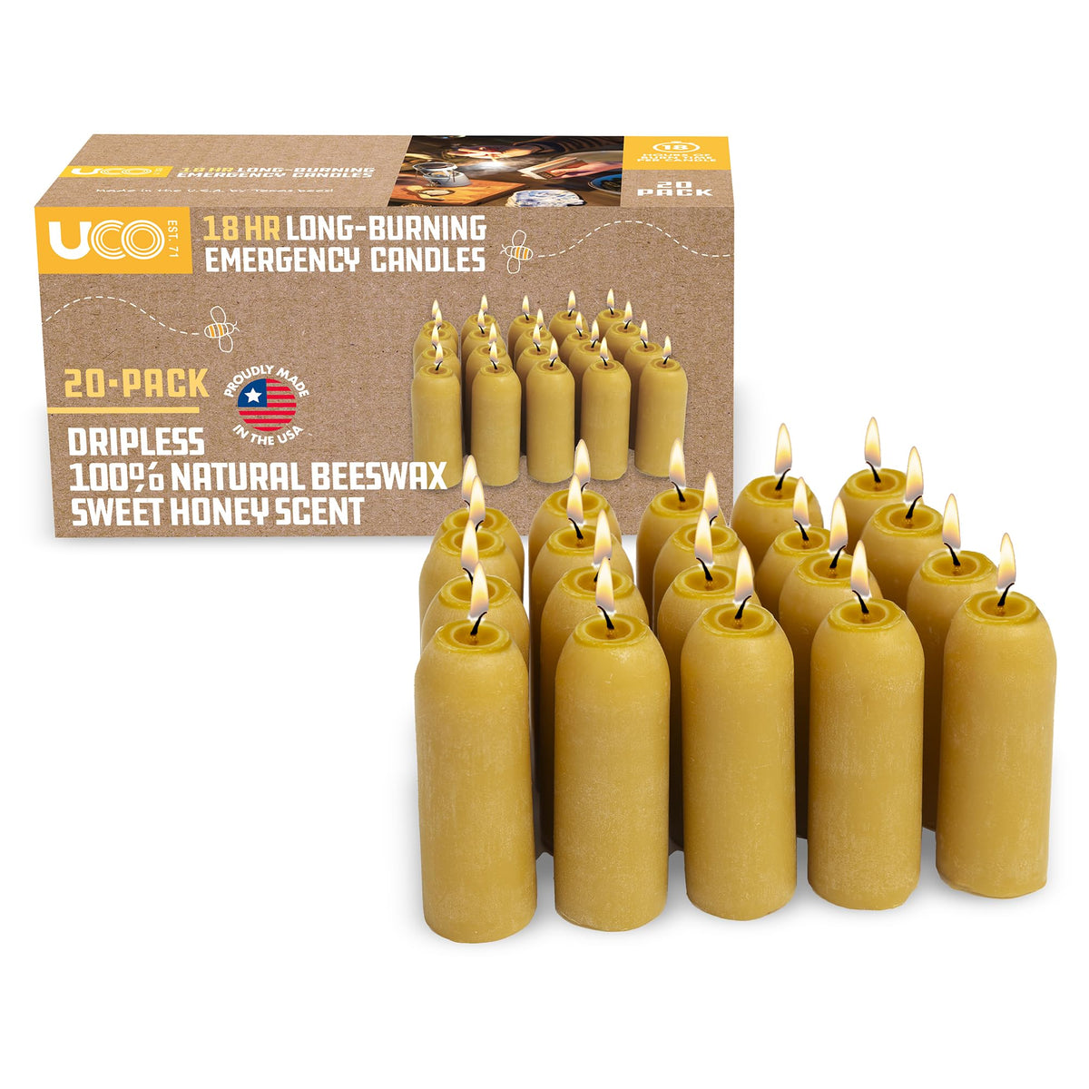 UCO 18-Hour Natural Beeswax Long-Burning Candles for UCO Candle Lanterns and Emergency Preparedness, 20-Pack