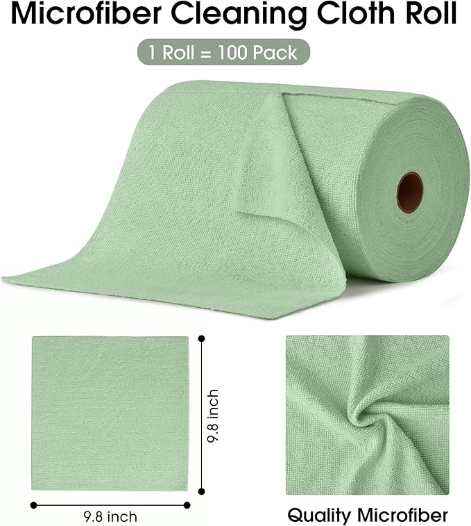 KitchLife Microfiber Cleaning Cloth Roll, 100 Pack - Tear-Away Microfiber Paper Towels, Lint-Free, Reusable, Washable for Kitchen, Car, Dishes, and Sensitive Surfaces (Bean Green)