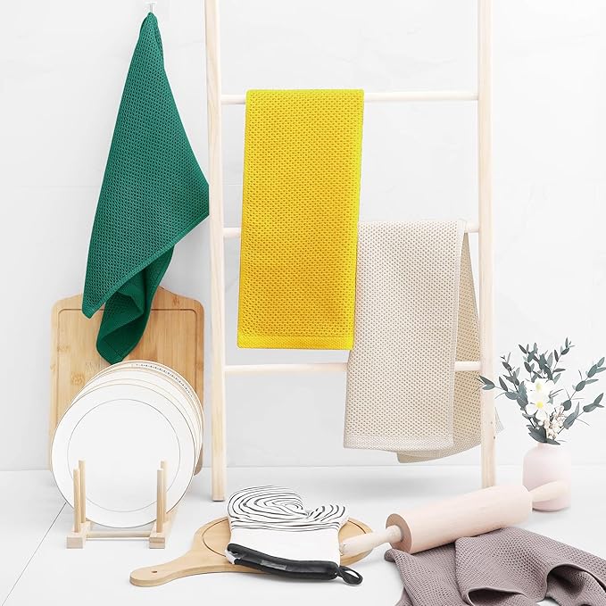 Homaxy 100% Cotton Waffle Weave Kitchen Dish Towels, Ultra Soft Absorbent Quick Drying Cleaning Towel, 13 x 28 Inches, 4-Pack, Dark Green
