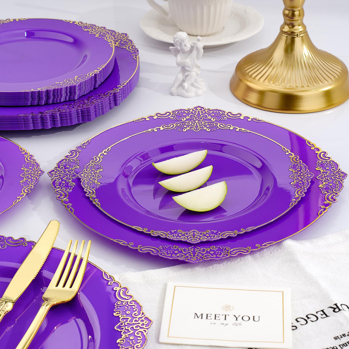 Realluck 350 PCS Purple and Gold Plastic Plates, Plastic Dinnerware Set for 50 Guests, 100 Disposable Plates, 150 Silverwares, 50 Cups, 50 Napkins for Party, Wedding, Graduation