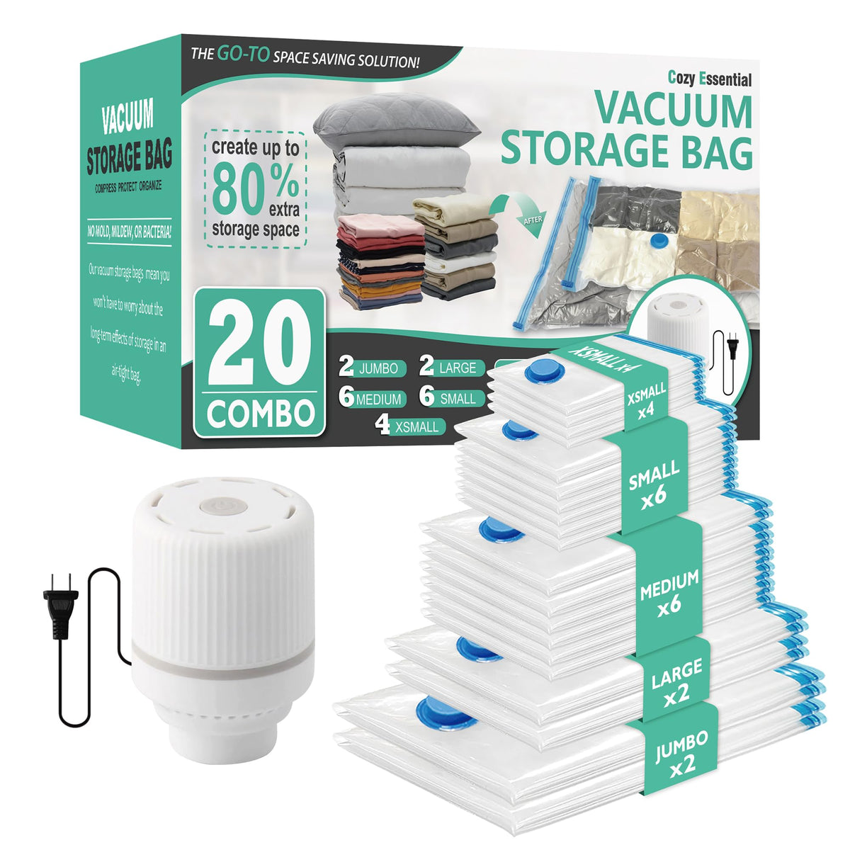 Cozy Essential 20 Pack Vacuum Storage Bags with Electric Pump, Vacuum Seal Space Saver Bags for Clothing, Pillows, Blanket, Bedding, Comforters