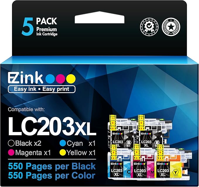 E-Z Ink LC203XL Compatible Ink Cartridges Replacement for Brother LC203 XL LC201 to use with MFC-J480DW MFC-J880DW MFC-J4420DW MFC-J680DW MFC-J885DW (Black, Cyan, Magenta, Yellow, 5 Pack)