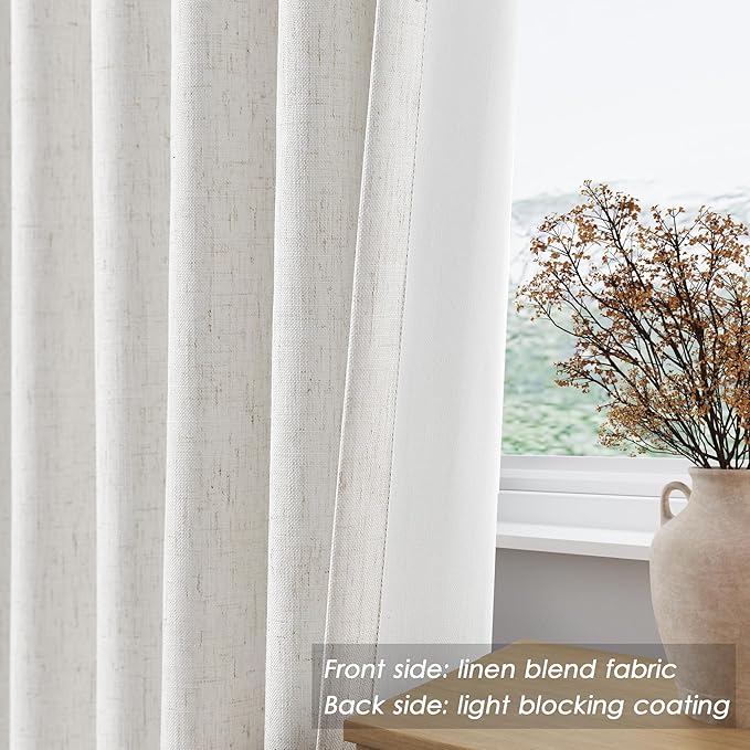 Linen Blackout 120 Inch Curtains for Living Room 2 Panels Set Cream Ivory Back Tab Textured Linen Drapes Farmhouse Thermal Insulated Long Curtains 120 Inches Long High Ceiling to Floor 10 Ft