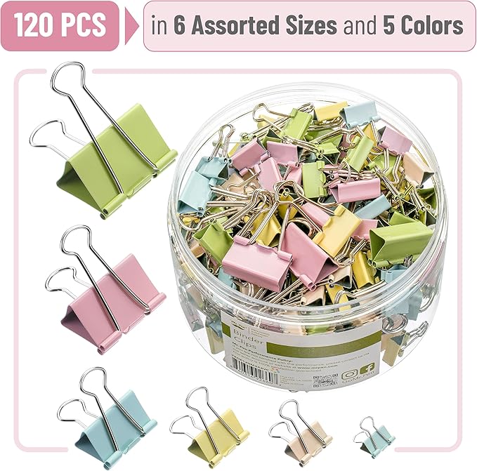 Mr. Pen- Binder Clips Assortment: 120 Pieces, Various Sizes, Colorful Office Supplies