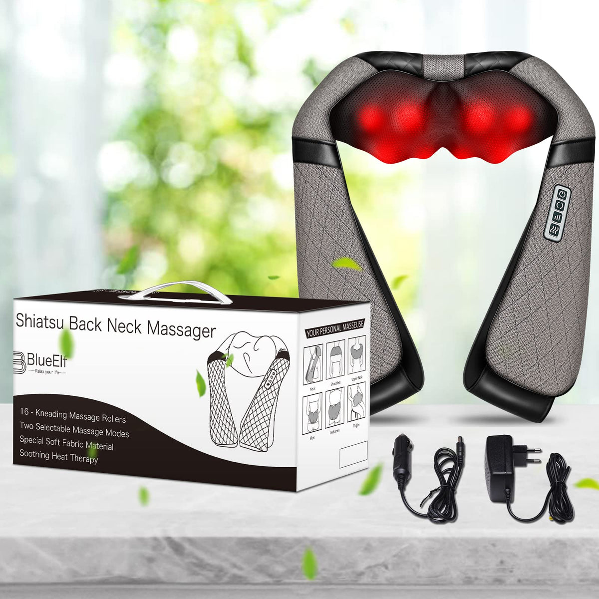 Blue Elf Shiatsu Electric Neck Back Massager Pillow 3D Kneading with Heat for Shoulder, Lower Back, Foot, Leg Muscles Pain Relief Relax in Car Office and Home (Gray)