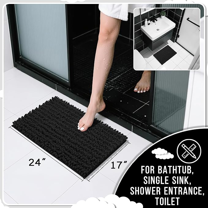 Yimobra Bathroom Rugs Non Slip Washable 24x17 Inch - Ultra Soft Absorbent Chenille Bath Mat, Quick Dry Shaggy Floor Carpet for Tub Shower, Black Home Decor Accessories
