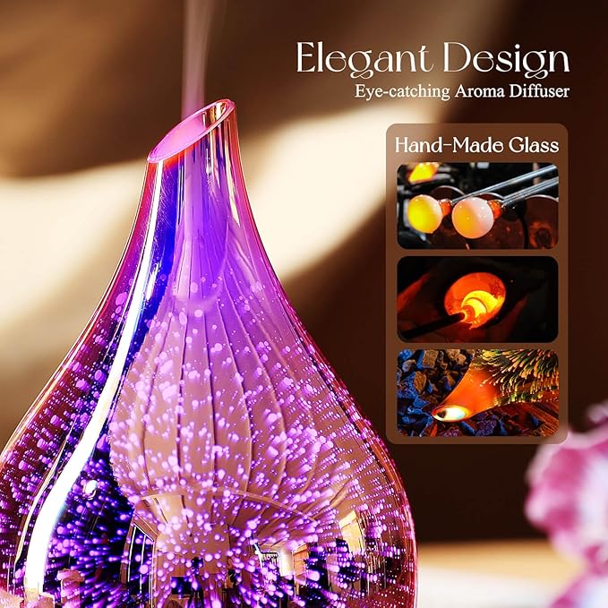 Porseme Essential Oil Diffuser 3D Firework Glass Aromatherapy Ultrasonic Humidifier Rose Gold, Auto Shut-Off, Timer Setting, BPA Free, Aroma Decoration for Home, Office, Gym, Spa, Premium Gift 150ml