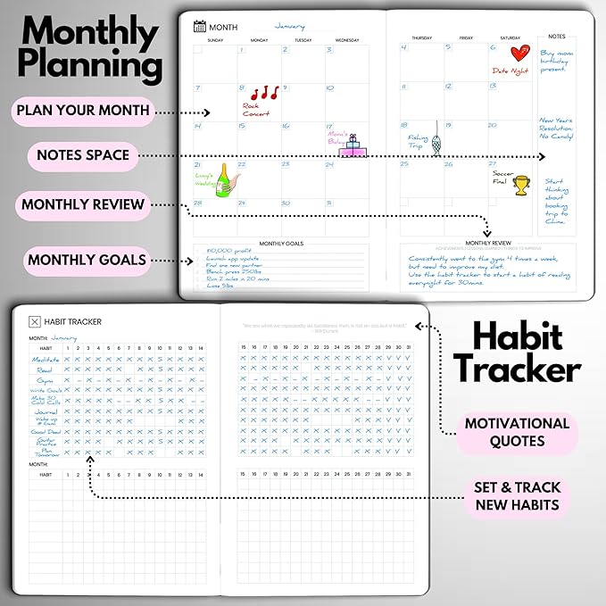 Undated Daily Planner – 6-Month A5 Productivity Organizer with Full Page Per Day, Hourly Schedule, Goal Setting, Habit Tracker, Weekly & Monthly Pages – Hardcover Time Management Notebook (Pink)