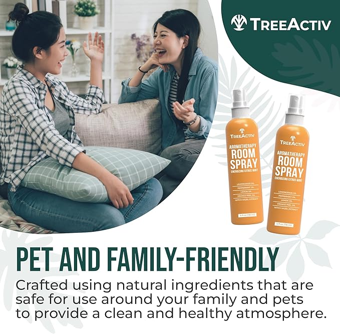 TreeActiv Aromatherapy Room Spray 4 oz, Natural Citrus Air Freshener, Essential Oil Odor Eliminator for Bedding, Pillow, Linen Mist, 1000 Sprays