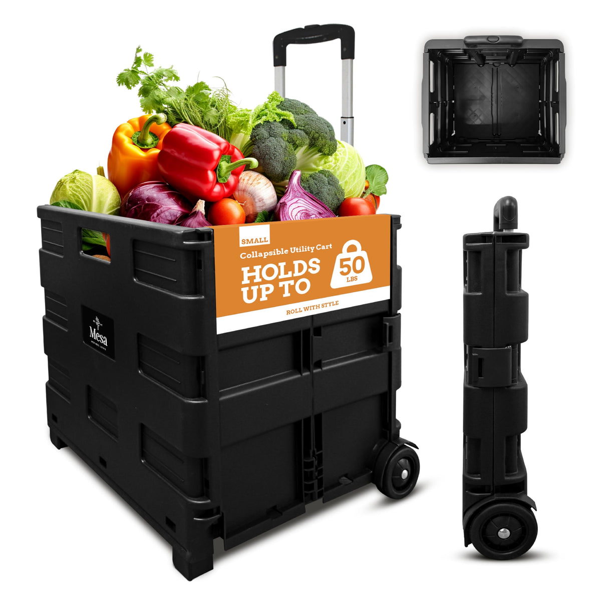 Inspired Living Ultra-Slim Rolling Collapsible Storage Pack-N-Roll Utility-carts, with Telescopic Handle, for Home, Garden, Shopping, Office, School use, Medium, Black