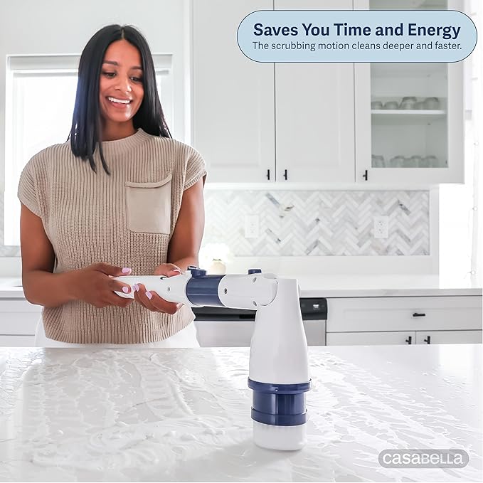 Casabella Power Spin Scrubber, Extendable to 47.5” – Cordless Electric Cleaner for Shower, Kitchen, Bathroom, Tile, Tub, Car, Deck - Rechargeable Spin Brush with Adjustable Brush Head & 4 Attachments