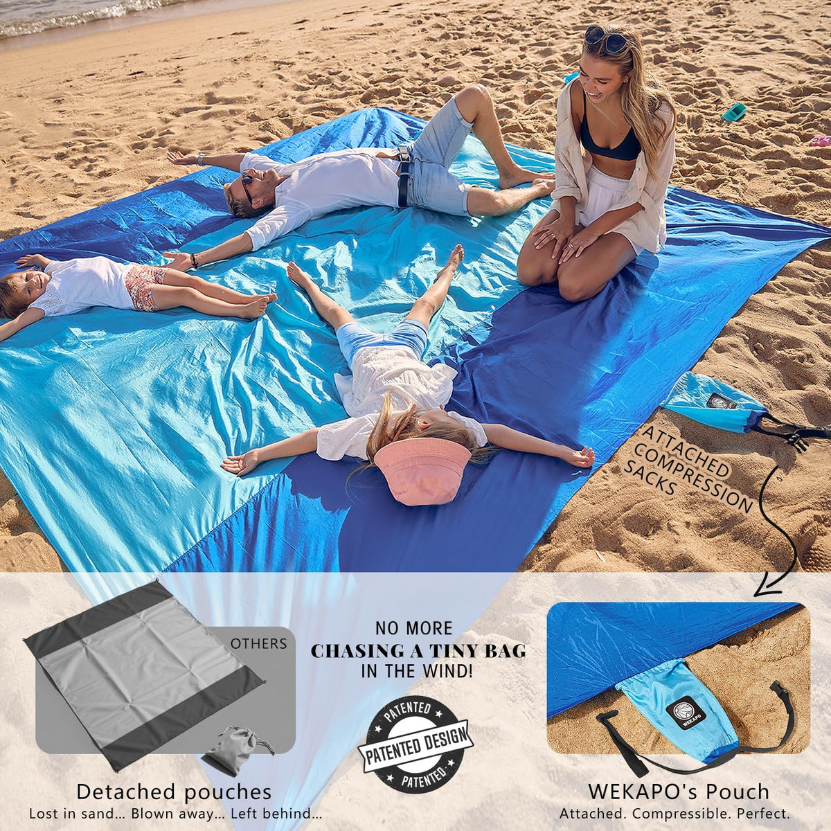 Wekapo Beach Blanket Sandproof, Extra Large Oversized 10'X 9' for 2-8 Adults, Big & Compact Sand Free Mat Quick Drying, Lightweight & Durable with 6 Stakes & 4 Corner Pockets