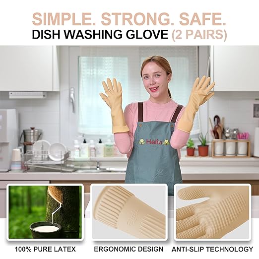 Mamison 2 Pairs Reusable Waterproof Household Dishwashing Cleaning Rubber Gloves, Non-Slip Kitchen Glove (Ivory, Medium (Pack of 2))