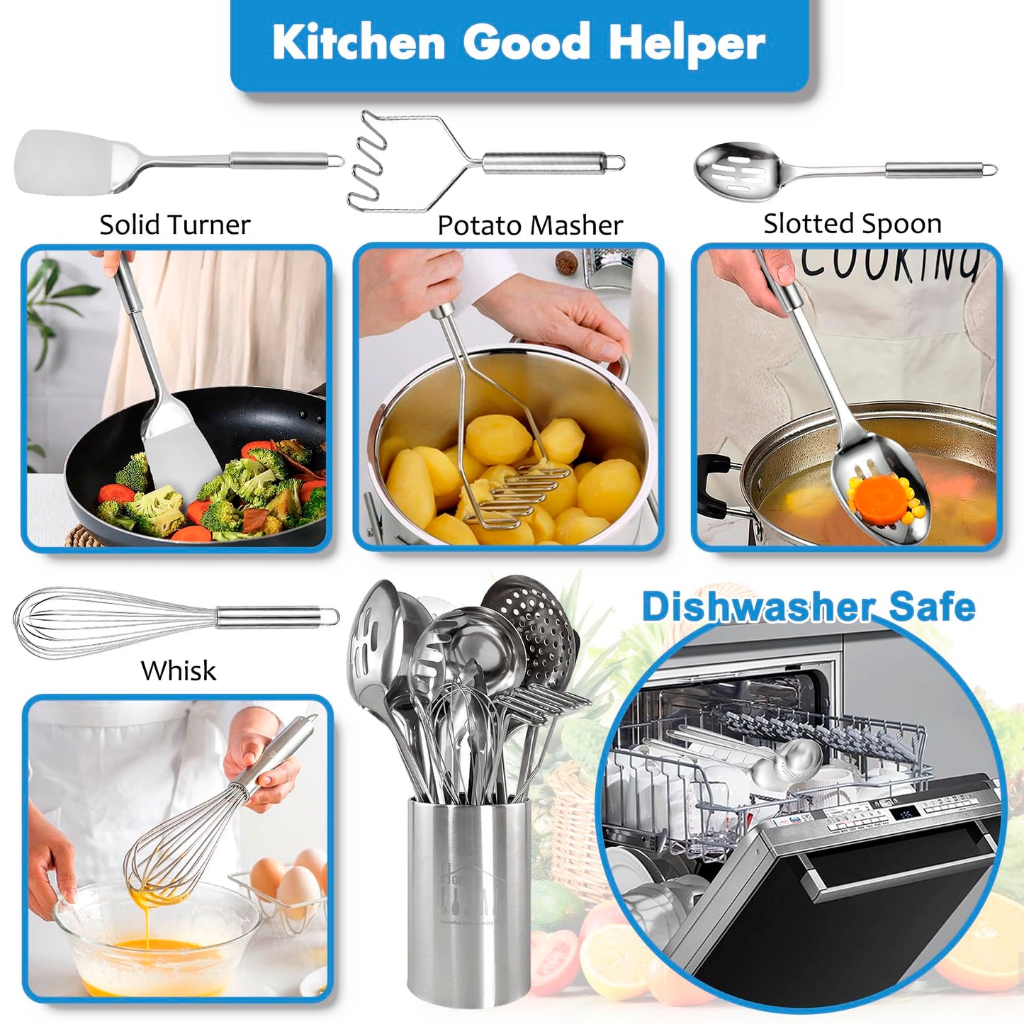 Cooking Utensils Set 11pcs - Stainless Steel Kitchen Utensils Set with Holder, Heat Resistant Kitchen Utensils Sets for Cooking with Turners, Potato Masher, Skimmer, Spoons, Ladle, Tongs, Whisk