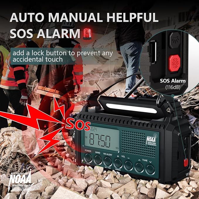 NOAA Emergency Weather Radio with Auto Alerts, 5000mAh Solar Hand Crank AM/FM/SW Shortwave Radio with Flashlight, Reading Lamp, Phone Charger, SOS Alarm, Survival Gear, Time Clock & Large LCD Display