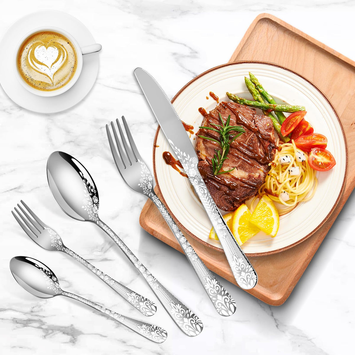 40 Piece Silverware Set, Stainless Steel Flatware Cutlery Set Service for 8, Mirror Polished Tableware Eating Utensils Set for Home Kitchen, Include Knife Fork Spoon Set, Dishwasher Safe