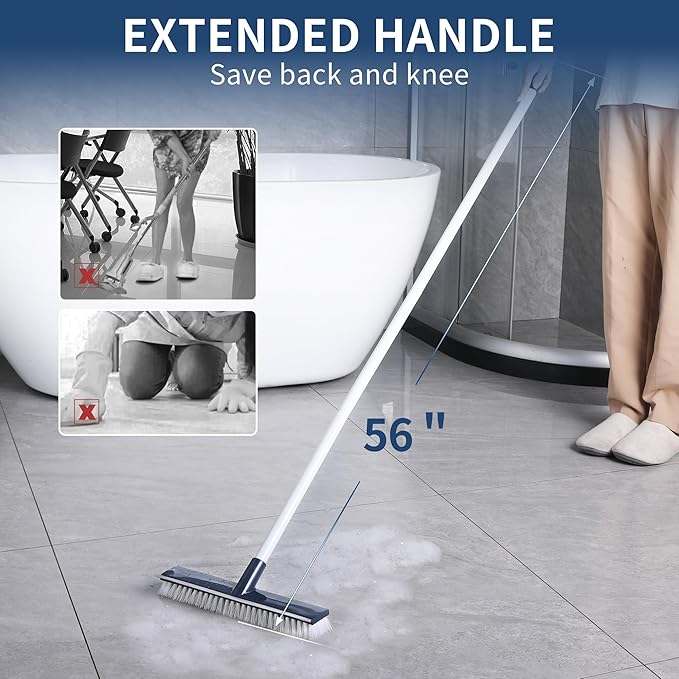 BOOMJOY Floor Scrub Brush with 57" Long Handle, 12" Wide Head, 2 in 1 Scrape and Brush, Stiff Bristle for Cleaning Bathroom, Patio, Kitchen, Tile, Wall and Deck