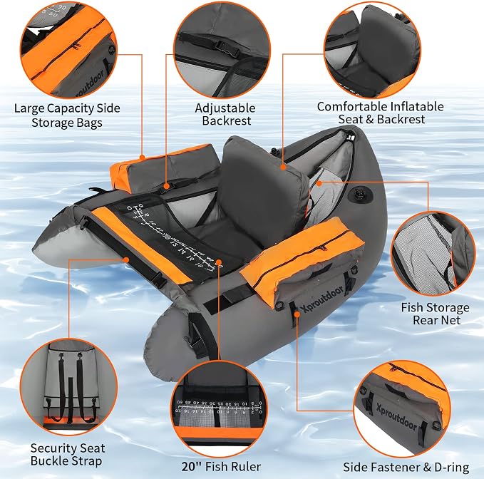 Fishing Float Tube with Adjustable Backpack Straps, Storage Pockets, Fish Ruler, Fly Fishing Boat with Pump, Oar, Rod Holder and Mount, Fins, 350LBS Load Bearing Capacity, FT003
