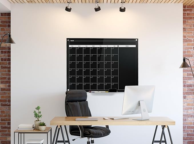 Real Glass Dry Erase Monthly Calendar, Giant Size 34" x 46", Tempered Glass Surface, Frameless Wall Mount, with 4 Assorted Color Markers and Eraser, by Better Office Products (Jet Black)