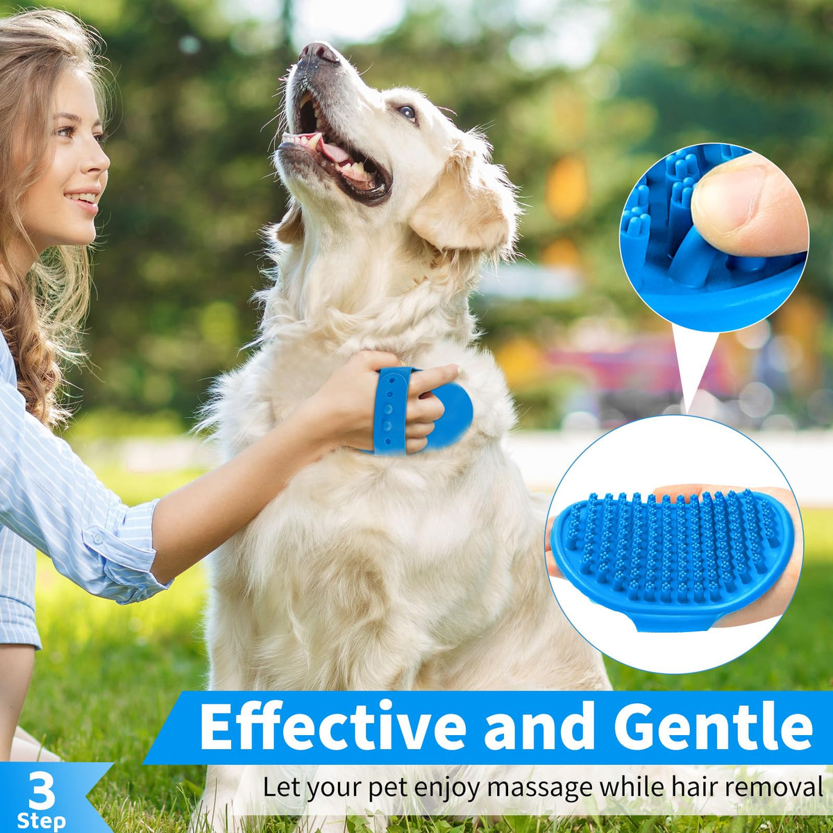 Comotech 3PCS Dog Bath Brush | Dog Shampoo Brush | Dog Scrubber for Bath | Dog Bath Brush Scrubber | Dog Shower/Washing Brush with Adjustable Ring Handle for Short & Long Hair (Blue Blue Blue)