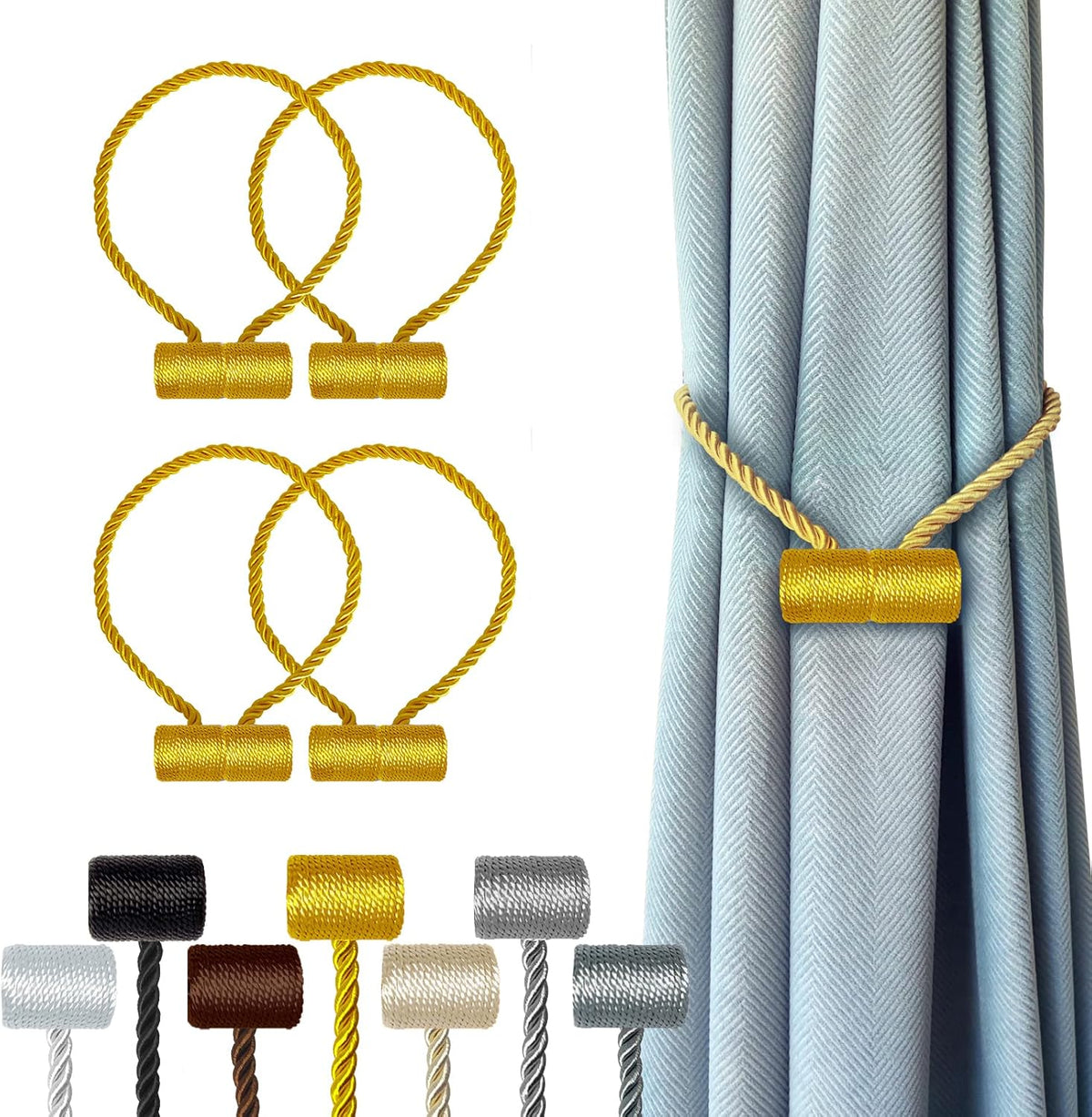 Hion Magnetic Curtain Tiebacks Golden 4 Pack, Curtain Tiebacks Buckles Holdbacks Holders Hooks Clip for Home Bedroom Office Decorative Thick or Thin Curtain