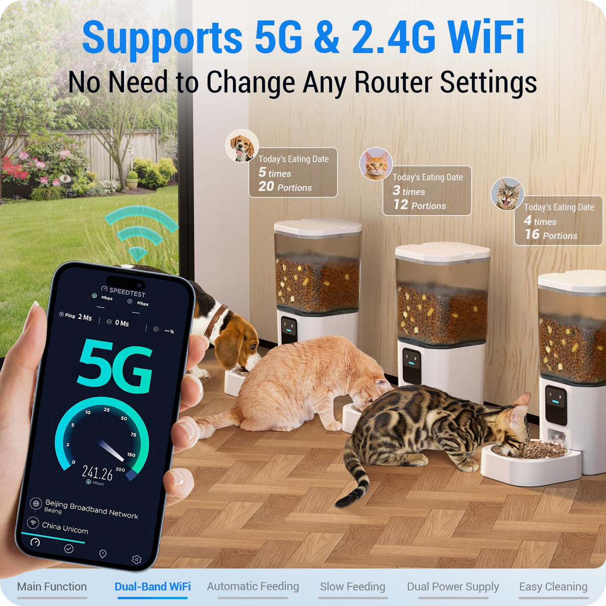 Frienhund Automatic Cat Feeder with Slow Feed: 5G WiFi Automatic Dog Feeder with Large Pet Food Storage, Auto Cat Food Dispenser with Alexa for Multiple Pets, Detachable for Easy Cleaning - 29 Cup（7L）
