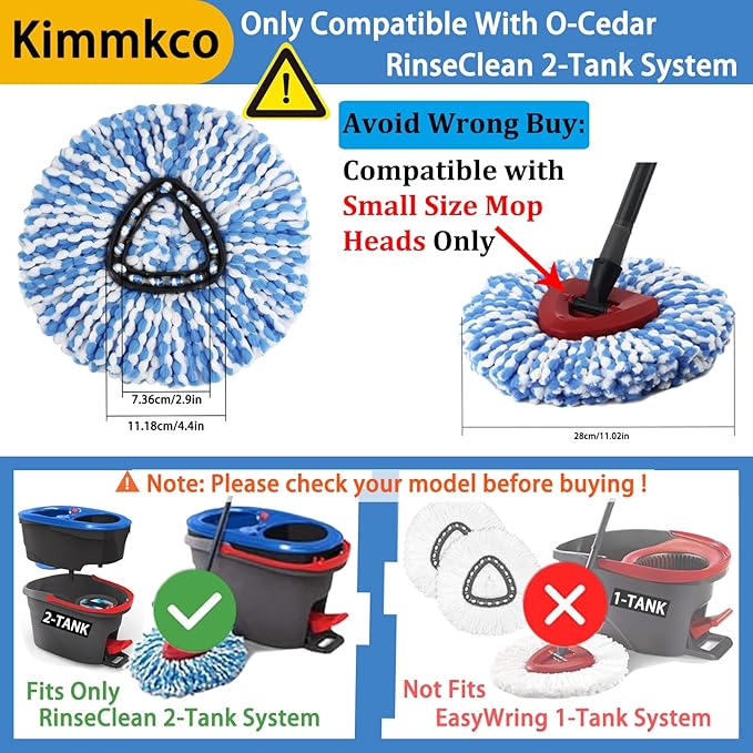 4 Pack Spin Mop Head Replacement for O Cedar RinseClean Spin Mop Refill, Mop Replace Head for Only 2-Tank System, Fluffy Microfiber, Machine Washable