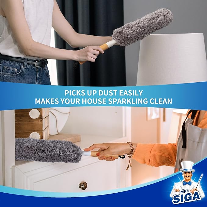 MR.SIGA Lint Free Microfiber Duster, Washable and Reusable Duster with Bamboo Handle and Replaceable Head, Duster for Household Cleaning