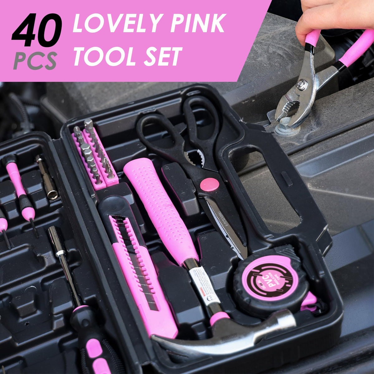 DOWELL 40 Piece Home Tool Set Pink, General Household Hand Tool Kit with Plastic Toolbox Storage Case, Mini Repair Tool kit for Women, College Students, Home Use & More