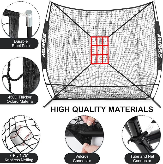 7'X7' Baseball Softball Practice Net,Pitching Net,Batting Net,with Large Ball Collection System,Baseball Pitching Kit - Batter Dummy,Bonus Strike Zone