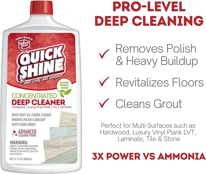 Quick Shine Multi Surface Deep Floor Cleaner and Wax Remover 27Fl oz,(Pack of 2) Removes Wax Build-Up,Revitalizes Floors &Cleans Grout,Use on Hardwood, Laminate, LVT,Tile and Stone,Pro-Level Cleaning