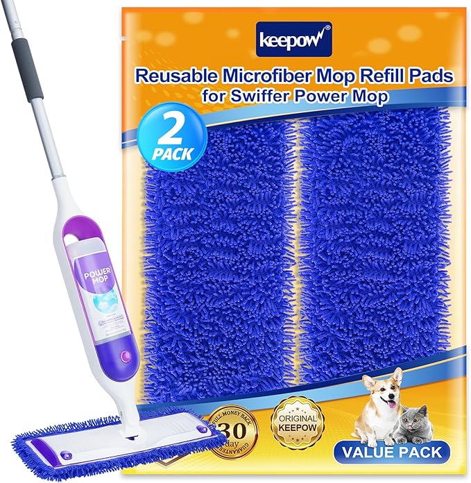 KEEPOW Power Mop Refills for Swiffer - Power Mop Reusable Pads Compatible with Swiffer PowerMop Multi-Surface Mop Kit for Floor Cleaning, Microfiber Washable Mop Pads for Wet&Dry Mopping (2 Pack)