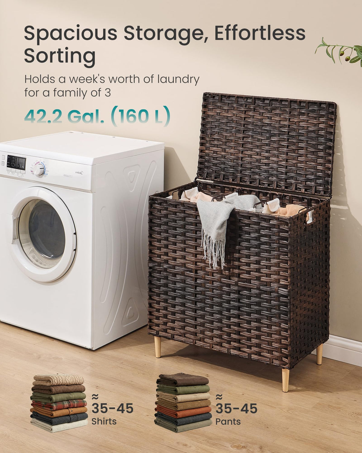 SONGMICS 3-Section Laundry Hamper with Lid, 42.2 Gal (160L) PE Rattan Laundry Basket with Removable Washable Liners, for Bedroom & Living Room, Chestnut Brown ULCB223ME01