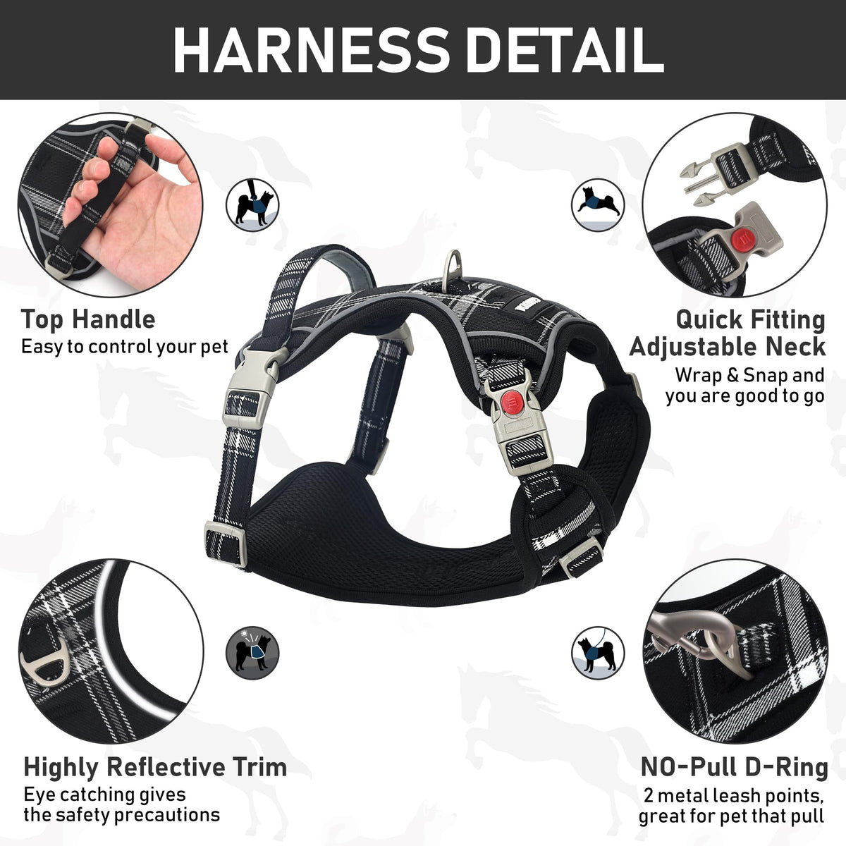 GAMUDA Dog Harness Collar and Leash Set, Horse Care Sheets, No Chock No Pull Adjustable Vest Harnesses Plaid Reflective for Medium Dog, Cat, Small Horse, Small Bull and Pig (Black, M)