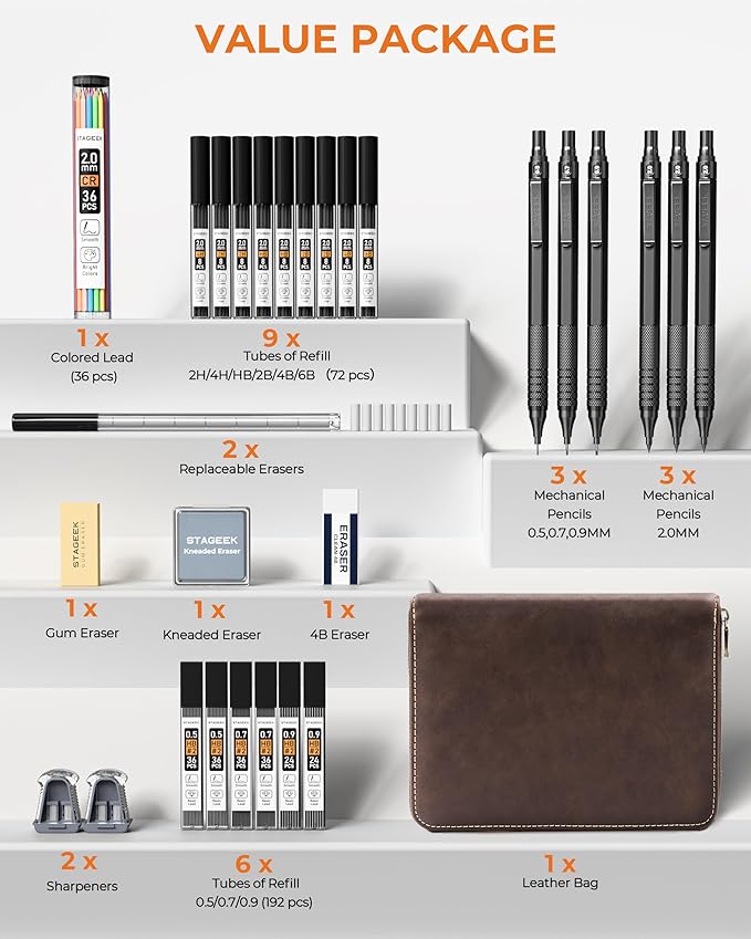 30PCS Black Metal Mechanical Pencil Set in Leather Case, 0.5/0.7/0.9/2.0mm Art Drafting Pencils with 16 Tubes Graphite Leads (6B 4B 2B HB 2H 4H) & Colored Refills for Sketching, Drawing, Writing