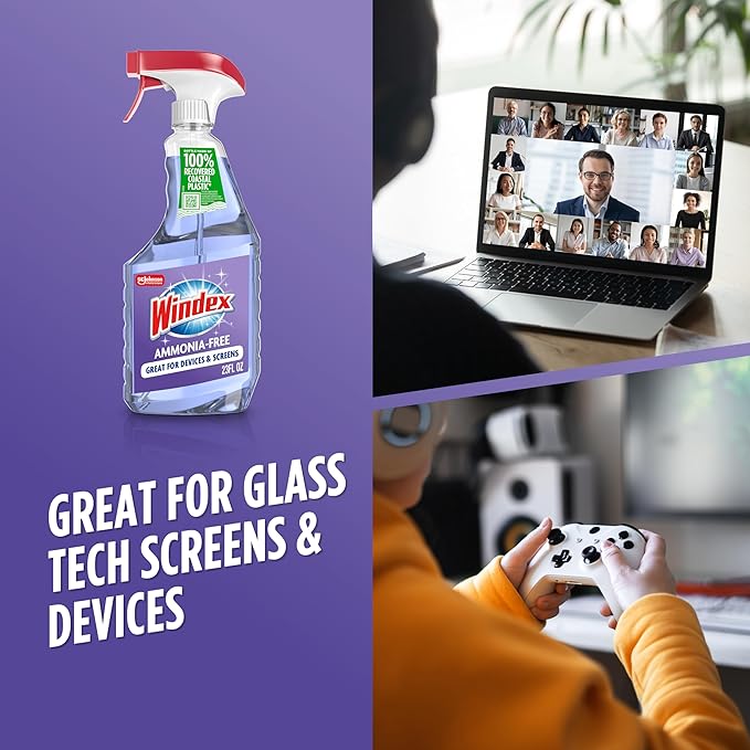 Windex Glass and Window Cleaner Spray Bottle, Ammonia Free, Packaging Designed to Prevent Leakage and Breaking, Surface Cleaning Spray, Crystal Rain Scent, 23 Fl Oz