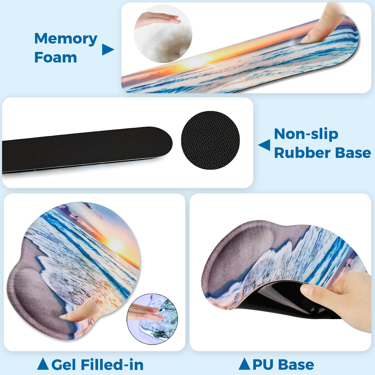 Mouse Pad and Keyboard Wrist Rest Support, with Non-Slip PU Base,Gel Mouse Pad with Coaster,Pain Relief for Gaming, Computer,Office -Beach
