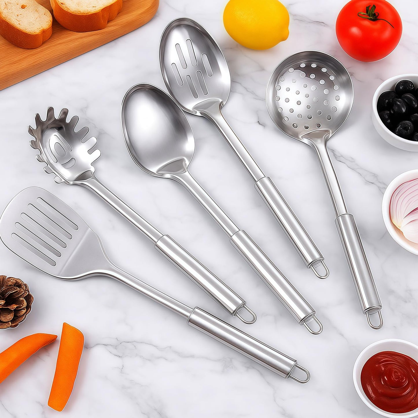 Cooking Utensils Set 11pcs - Stainless Steel Kitchen Utensils Set with Holder, Heat Resistant Kitchen Utensils Sets for Cooking with Turners, Potato Masher, Skimmer, Spoons, Ladle, Tongs, Whisk