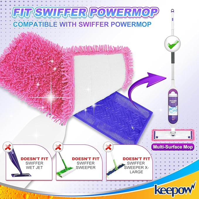 KEEPOW Reusable Mop Pads Compatible with Swiffer PowerMop, Wood Floor Pads Microfiber Mop Replacement Refills Machine Washable for All Floor Surfaces 2 Pack
