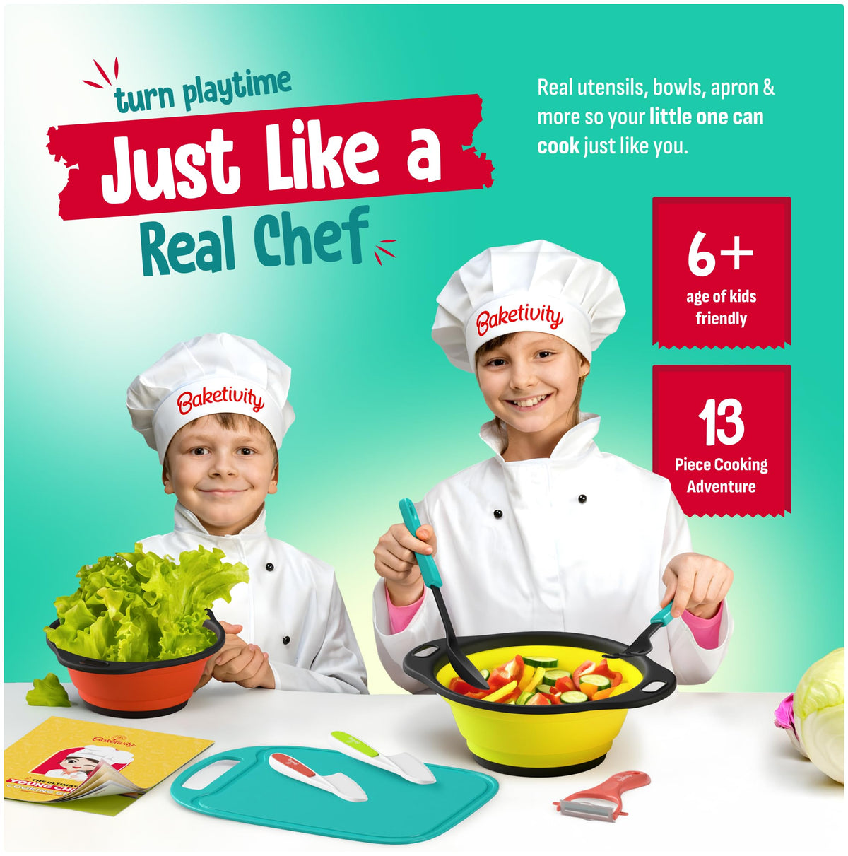 Baketivity Kids Cooking Set Real Utensils With Kitchen Tool Guide - Complete Junior Cooking Set Gift For Girls Or Boys With Mixing Bowls, Cutting Board, Knife, Apron - Kids Baking Set For Real Cooking