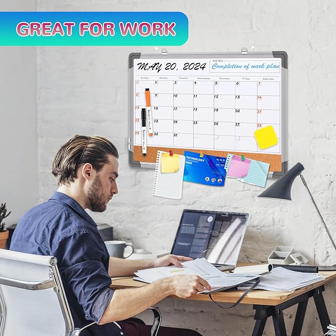 Monthly Calendar Whiteboard Dry Erase Cork Board Combination for Wall, 24"x18" Magnetic Dry Erase Board, Double-Sided White Board, Portable Board for Office, Kitchen, Planning, Memo, School, Home