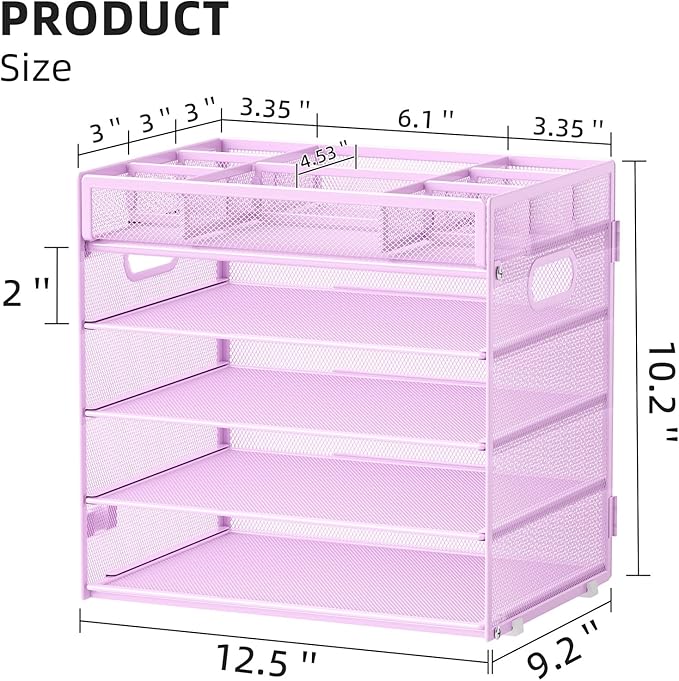 Marbrasse 5-Tier Letter Tray Paper Organizer with Handle, Multi-Functional Mesh File Organizer for Desk, Adjustable Compartments Mesh Desktop Storage for Office Supplies, Purple