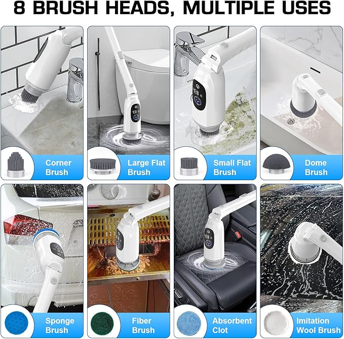 Shower Scrubber, Electric Spin Scrubber with 2025 New Upgraded Motor, User-Friendly Design, 3 Adjustable Angles & Speeds, 8 Brush Heads for Cleaning Bathroom, Cleaning Supplies for Tire, Windshield