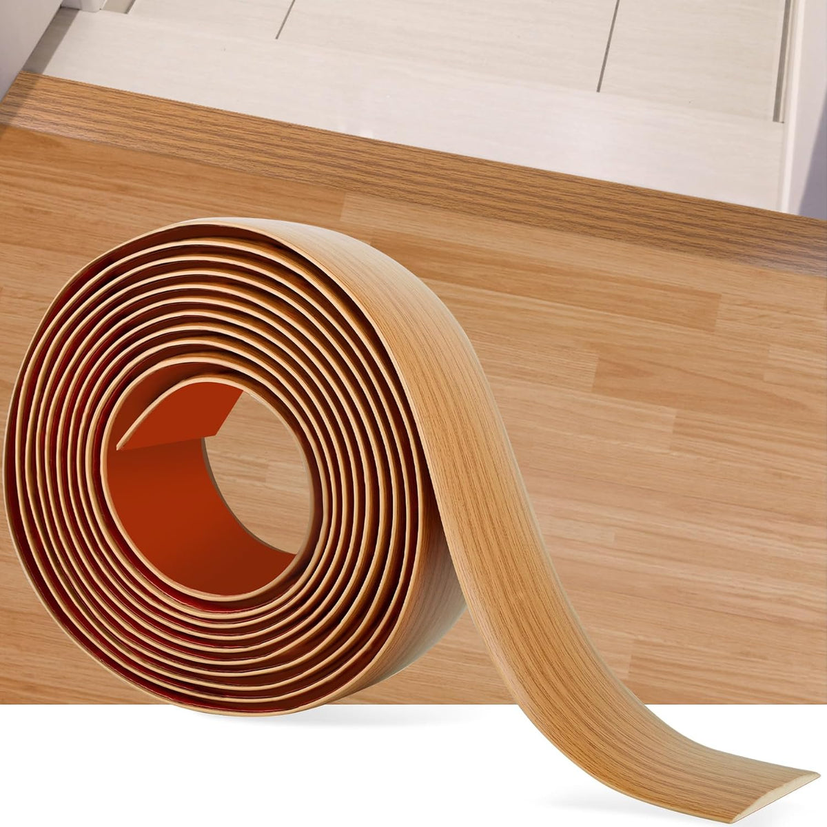 5Ft Floor Transition Strip Self Adhesive Vinyl Cover Floor Strip Flat Divider Transition Strip Wood Grain Design for Laminate Floor Gaps and Doorway Transitions (5Ft x 2 Inch, Light Brown)