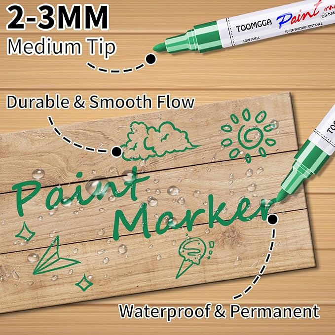 Green Permanent Paint Pens Paint Markers - 12 Pack Oil Based Markers, Quick Drying and Waterproof Marker Pen, Car Tire, Metal, Rock Painting, Wood, Fabric, Plastic, Canvas, Mugs