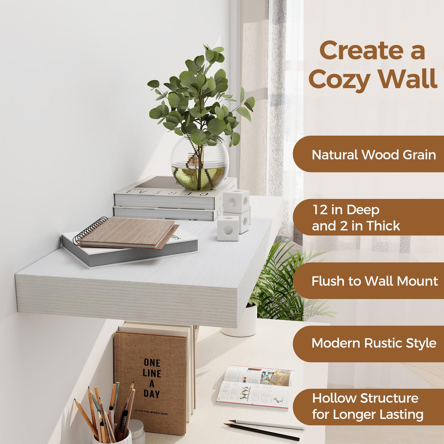 12 Inch Deep White Floating Shelves, 24 x 12 Floating Shelf for Books, Rustic Wood Deep Wall Shelves for Home Storage & Display, 2" Thicked Shelves for Kitchen, Living Room, Bedroom, 1 Pack
