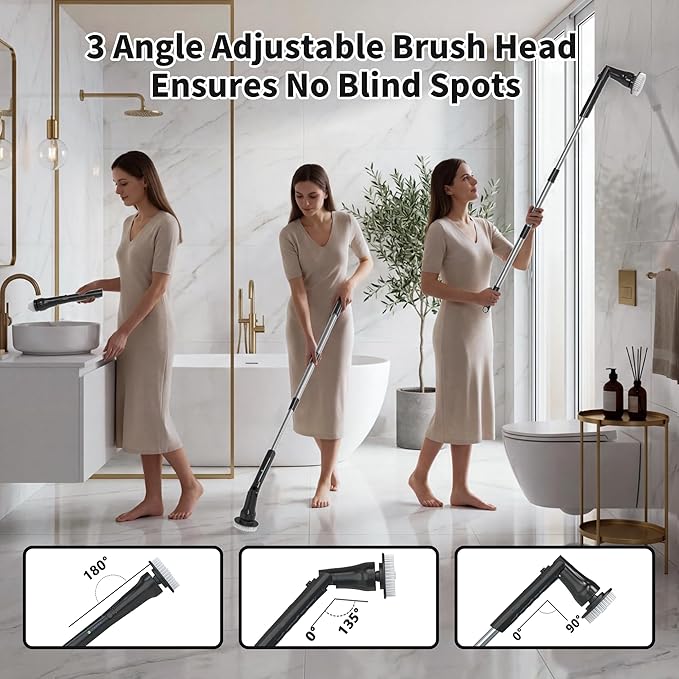 Electric Spin Scrubber, Hillyfe Bathroom Scrubber Electric with 7 Replaceable Brush Heads, IPX7 Waterproof,300/400 RPM, 3 Adjustable Length,Scrubber Brush Electric for Bathtub Floor,Black