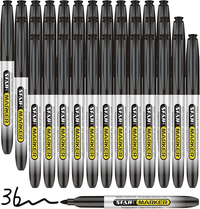 SFAIH Black Permanent Markers Bulk - 36 Pack, 1s Quick Dry, Non-Fading, Fine Point Permanent Pens for Plastic Glass Metal Wood Paper Stone, Office Classroom Kitchen, Doodling, Marking, Waterproof